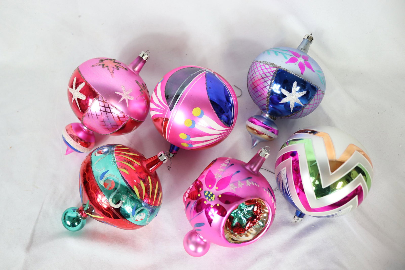 Lot of 6 Large Made in Poland Hand Painted Glass Christmas Ornaments: approx. 6 1/2 inches tall