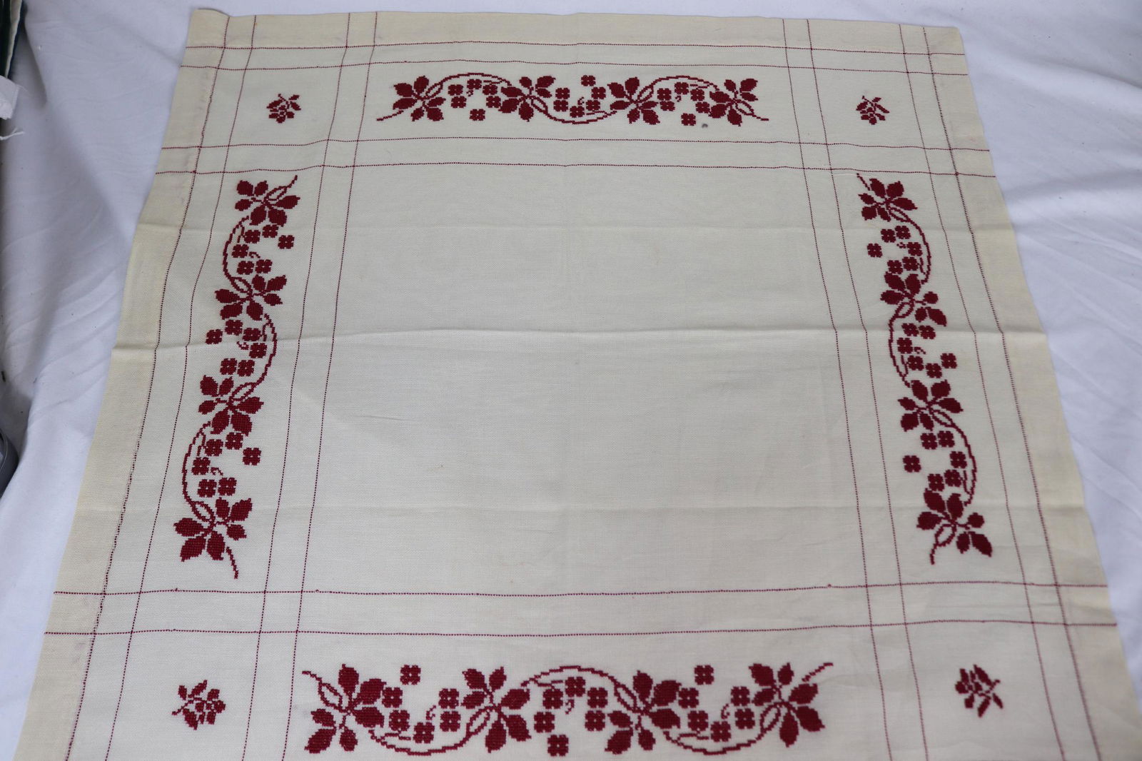Vintage Red & Ecru Embroidered Table Square: approx. 24 1/2 square, see photo's