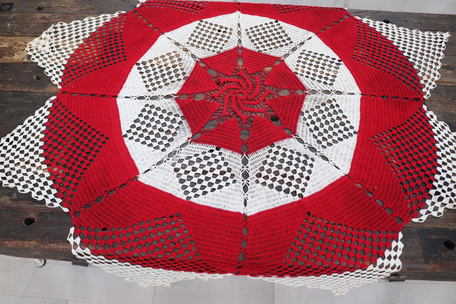 Vintage Red & White Crochet Round Table Topper (1 of 3)
