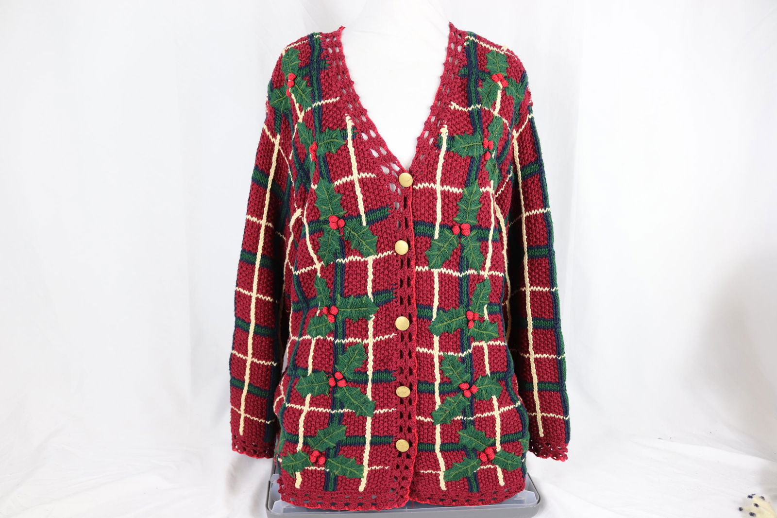 Vintage Liz sport Hand Knit Poinsettia Cardigan Sweater (1 of 6)