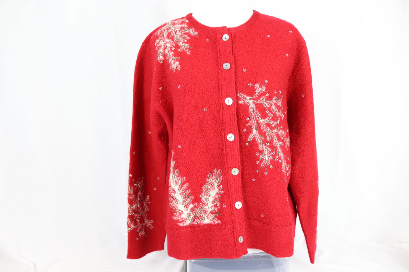 Vintage Susan Bristol Red Christmas Tree Branch Embroidered & Beaded Cardigan Sweater (1 of 9)