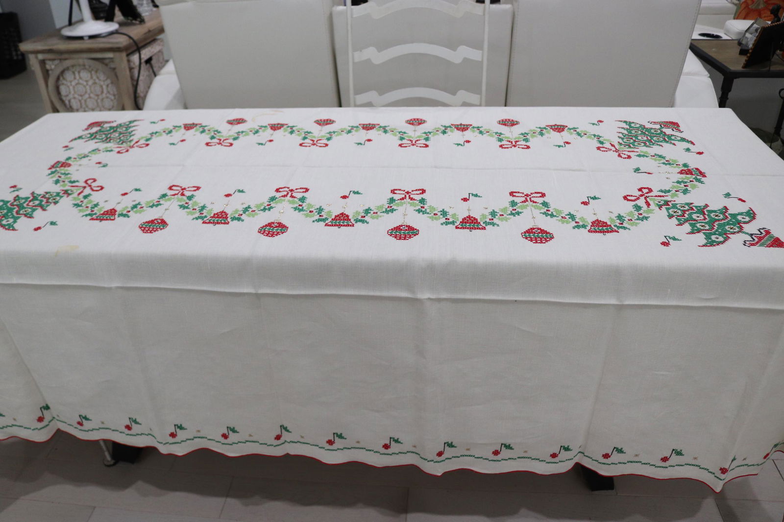 Large Vintage Hand Embroidered Cross Stitch Christmas Tablecloth (1 of 9)