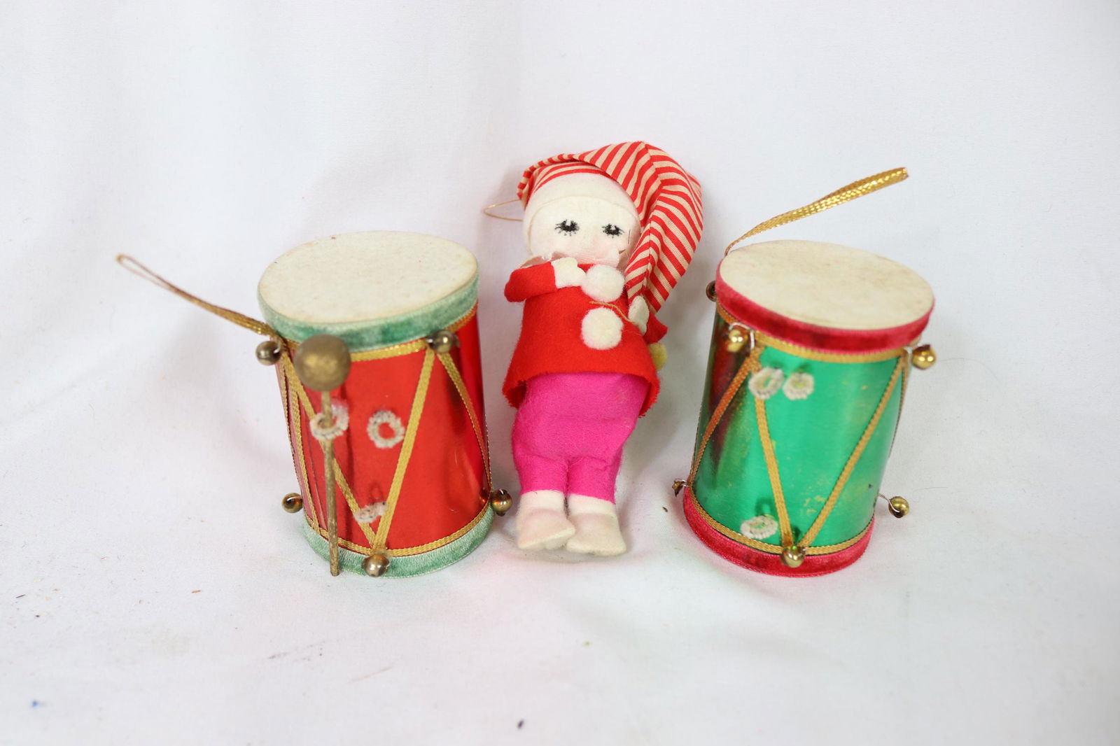 Lot of 3 Vintage 1950's Christmas Ornaments: one drum missing stick, see photo's
