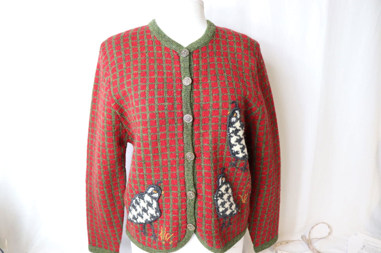 Vintage 1991 Susan Bristol Red Green Wool Knit Cardigan Sweater
