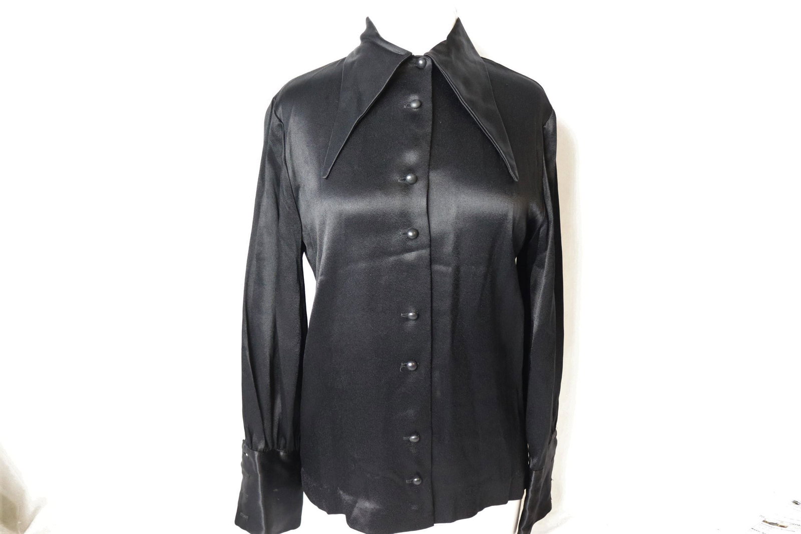 Vintage 1970's Black Satin Long Sleeve Blouse (1 of 7)