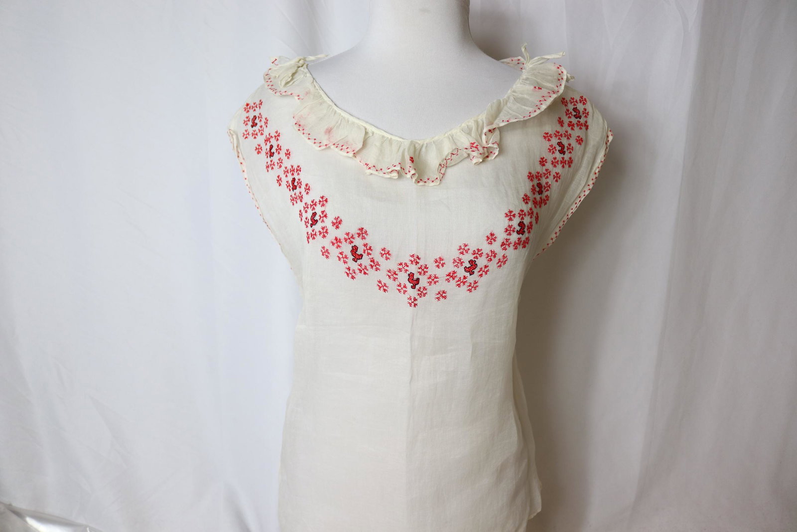 Vintage 1920's Gauze & Red Cross Stitch Embroidered Blouse with Chickens (1 of 5)
