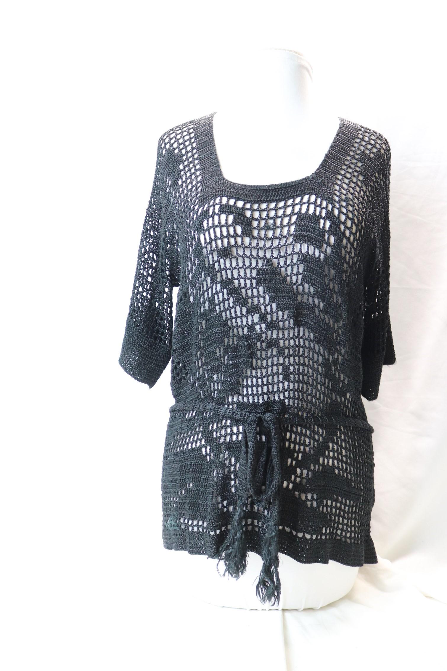 Vintage 1920/30's Black Open Knit Sweater with Attached Belt: approx. 40 bust and waist will stretch larger, has old repair, see photo's