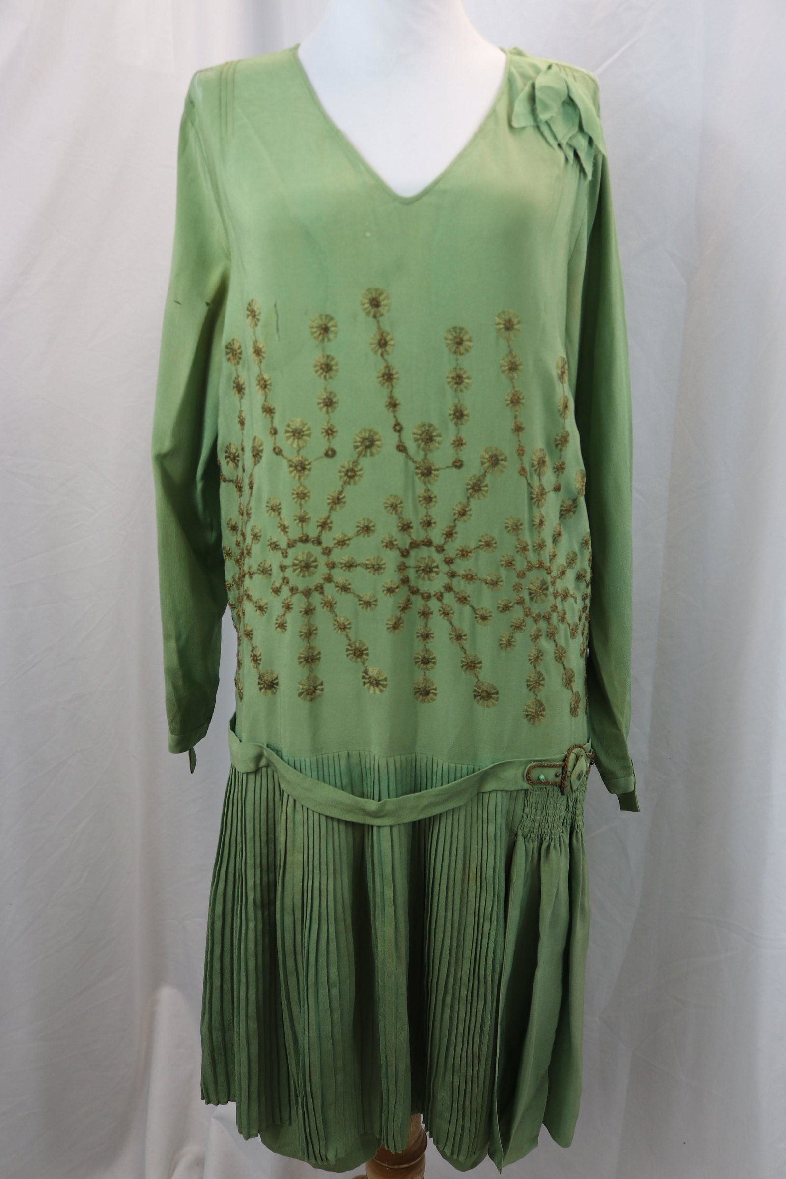 Vintage 1920's Green Silk & Metallic Embroidered Flapper Dress: approx. 38 bust and waist, frayed at shoulders, stains and fray at underarms, great design piece, see photo's