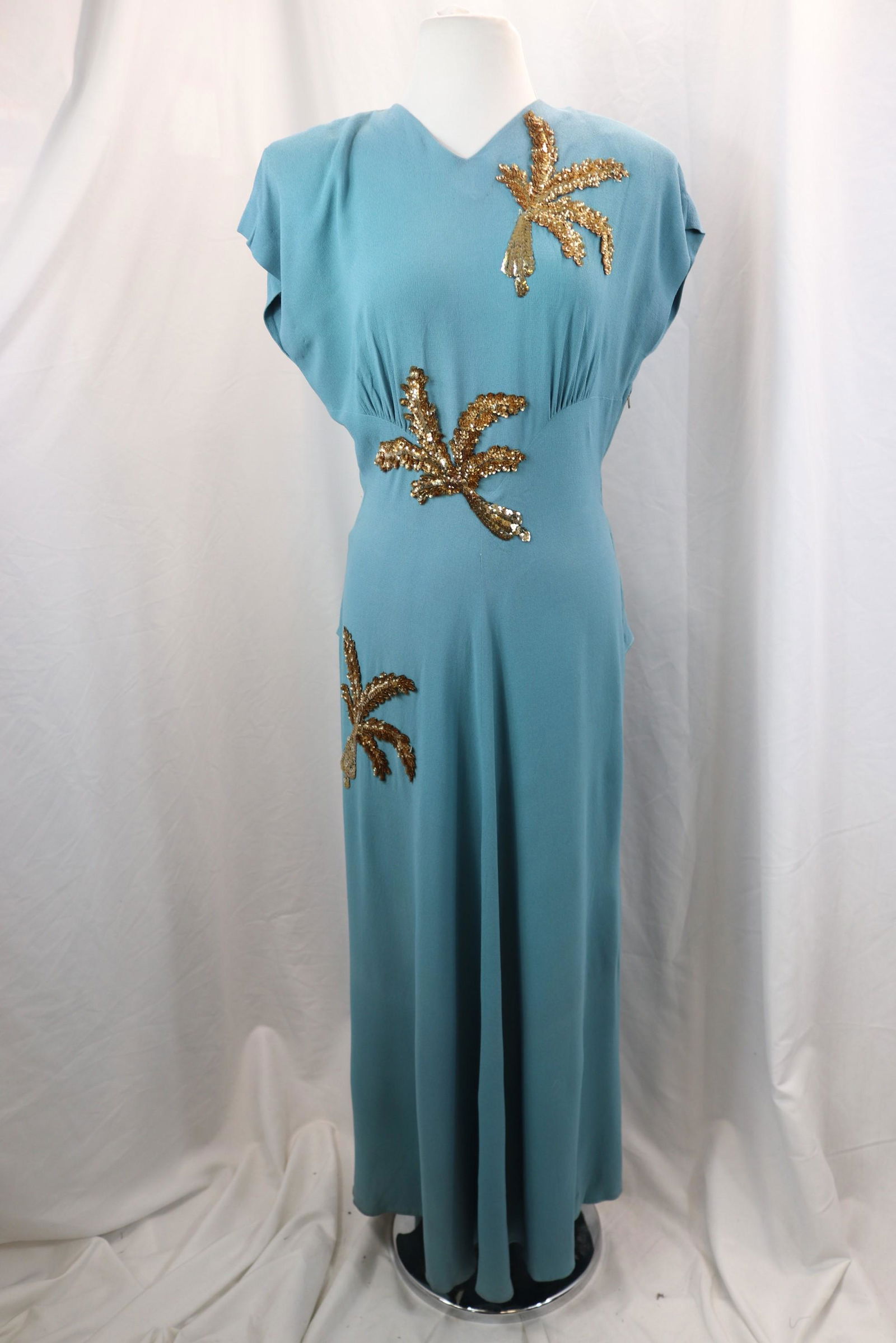 Vintage 1930's Blue Rayon & Copper Sequin Gown (1 of 5)