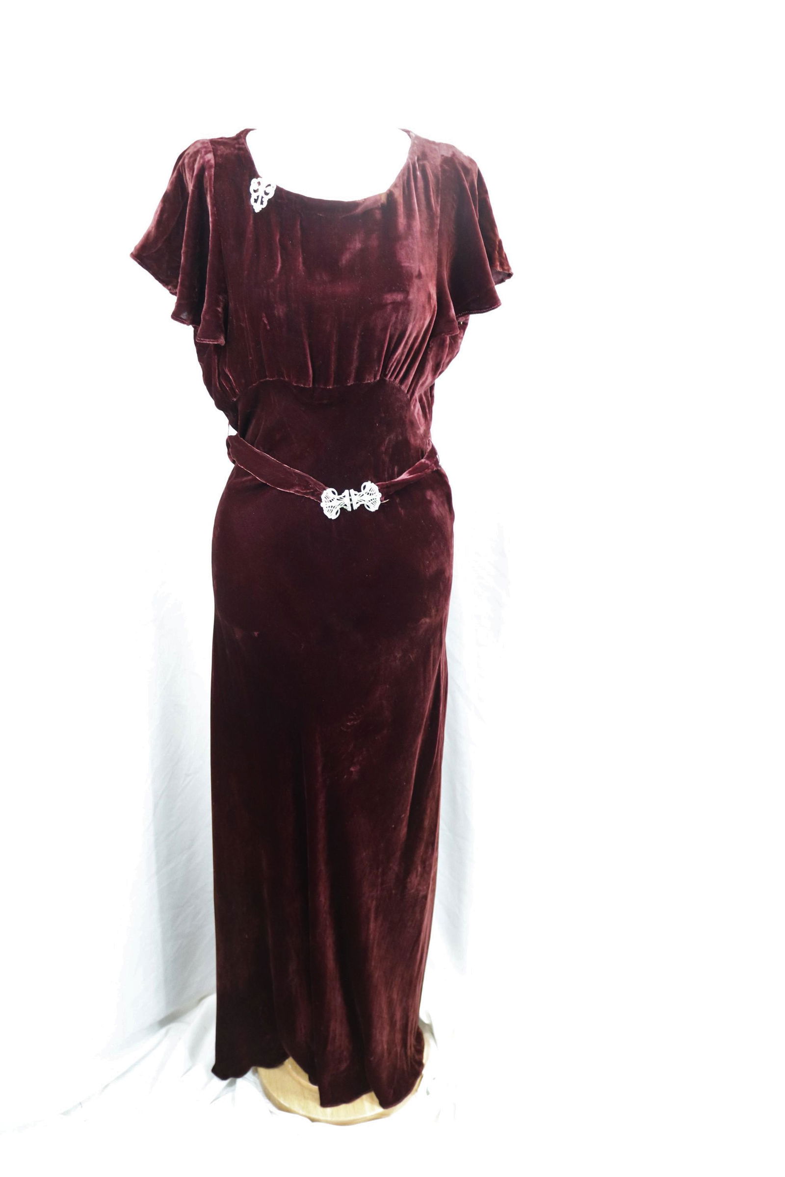 Vintage 1930's Maroon Velvet Gown with matching rhinestone belt & Brooch (1 of 5)