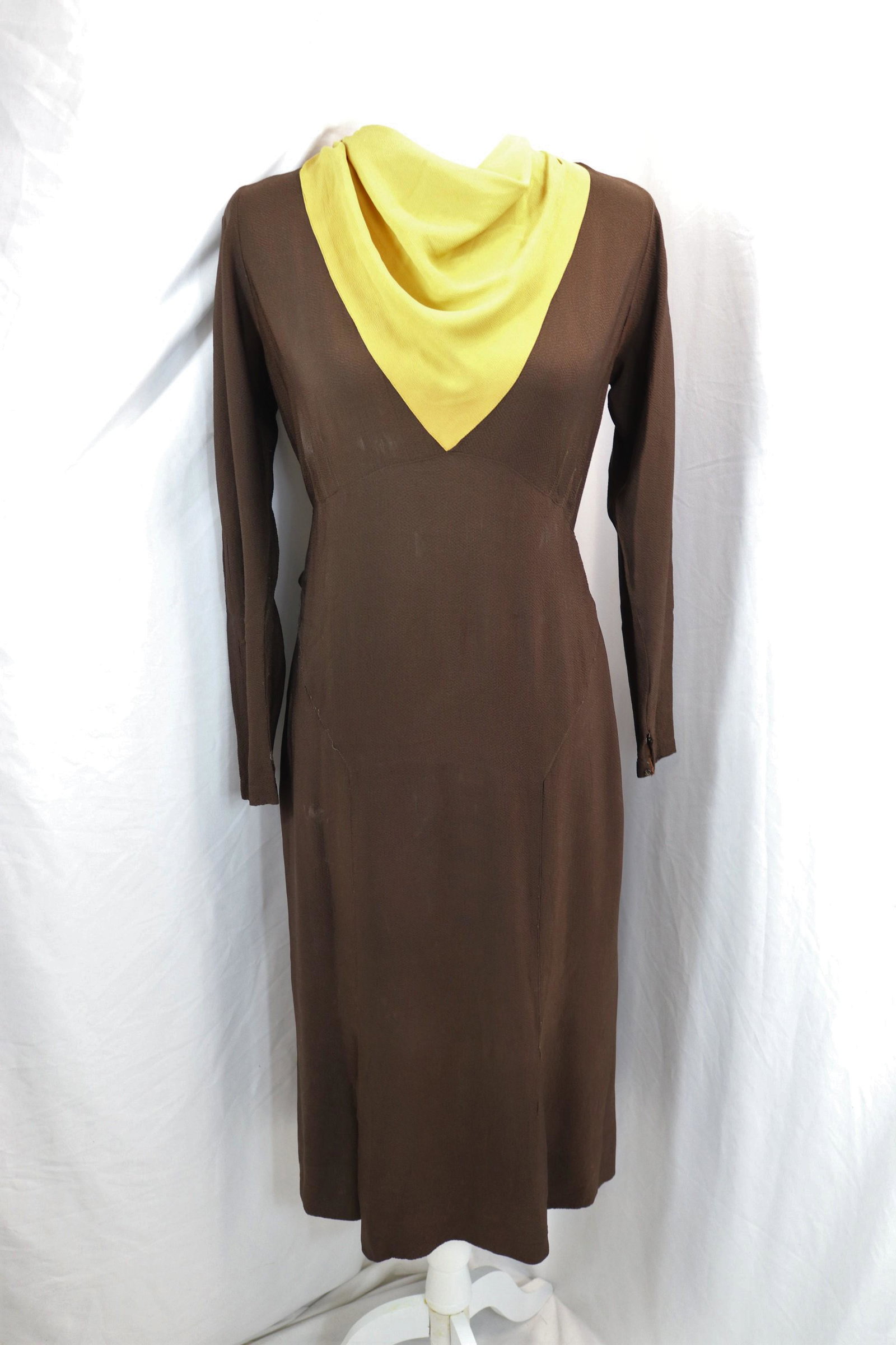 Vintage 1940's Rayon Color Block Office Dress: approx. 40 bust, 34 waist, seam repairs needed, pin holes, some stains, and rip, see photo's