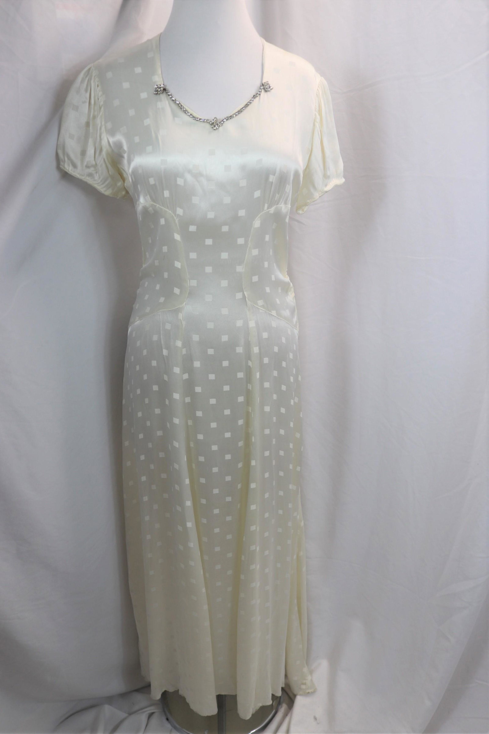 Vintage 1930's White on White Satin Cube Print Gown with Rhinestones: approx. 36 bust, 30 waist, very minor spots, see photo's