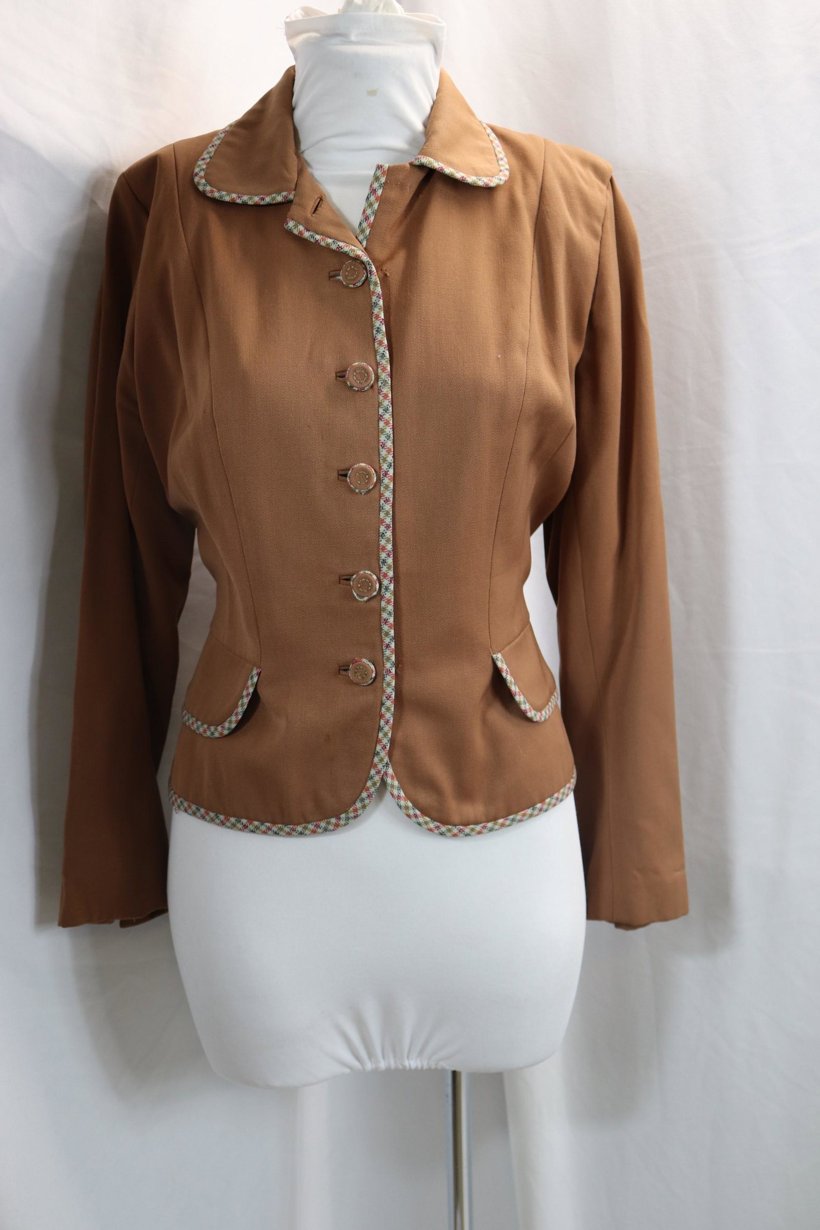 Vintage 1940's Brown Rayon Blend Jacket with Plaid Trim: approx. 36 bust, 30 waist, missing top button, otherwise good condition, see photo's