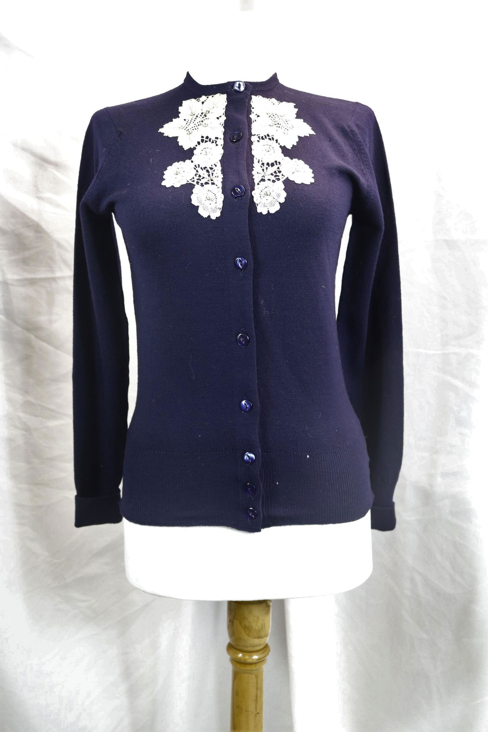 Vintage 1940's Ohrbach's Wool Cardigan Sweater with Lace Applique (1 of 7)