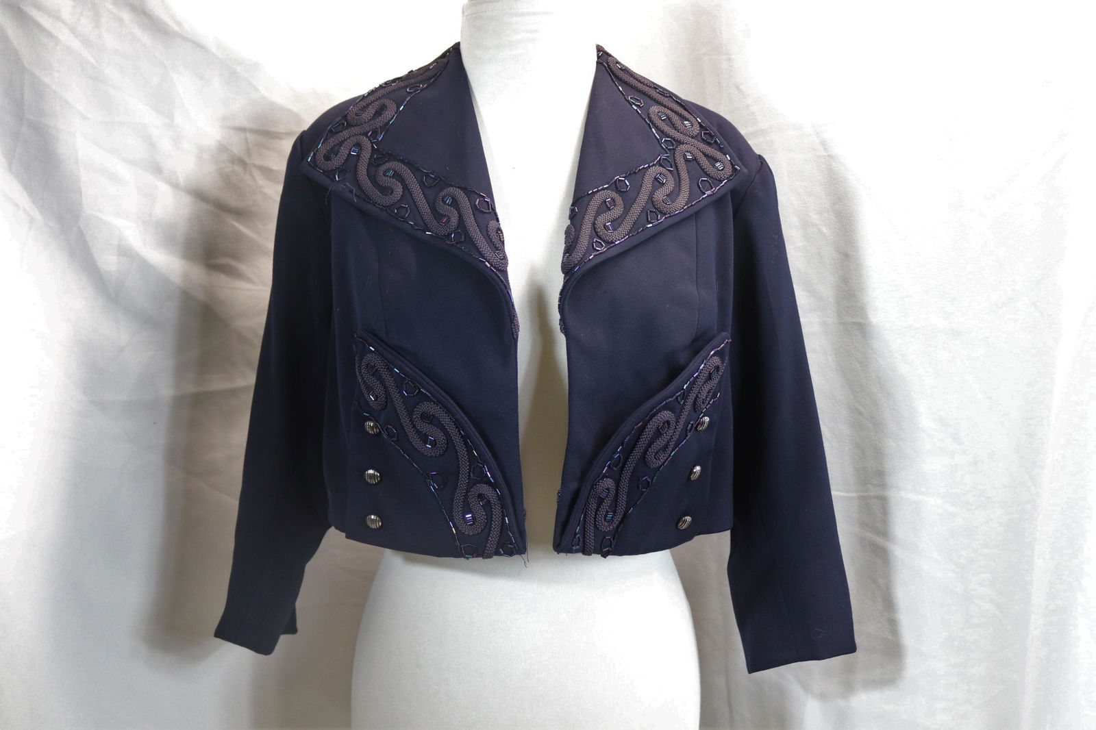 Vintage 1940's Navy Blue Wool Crop Jacket with Beaded & Soutache Trim (1 of 10)