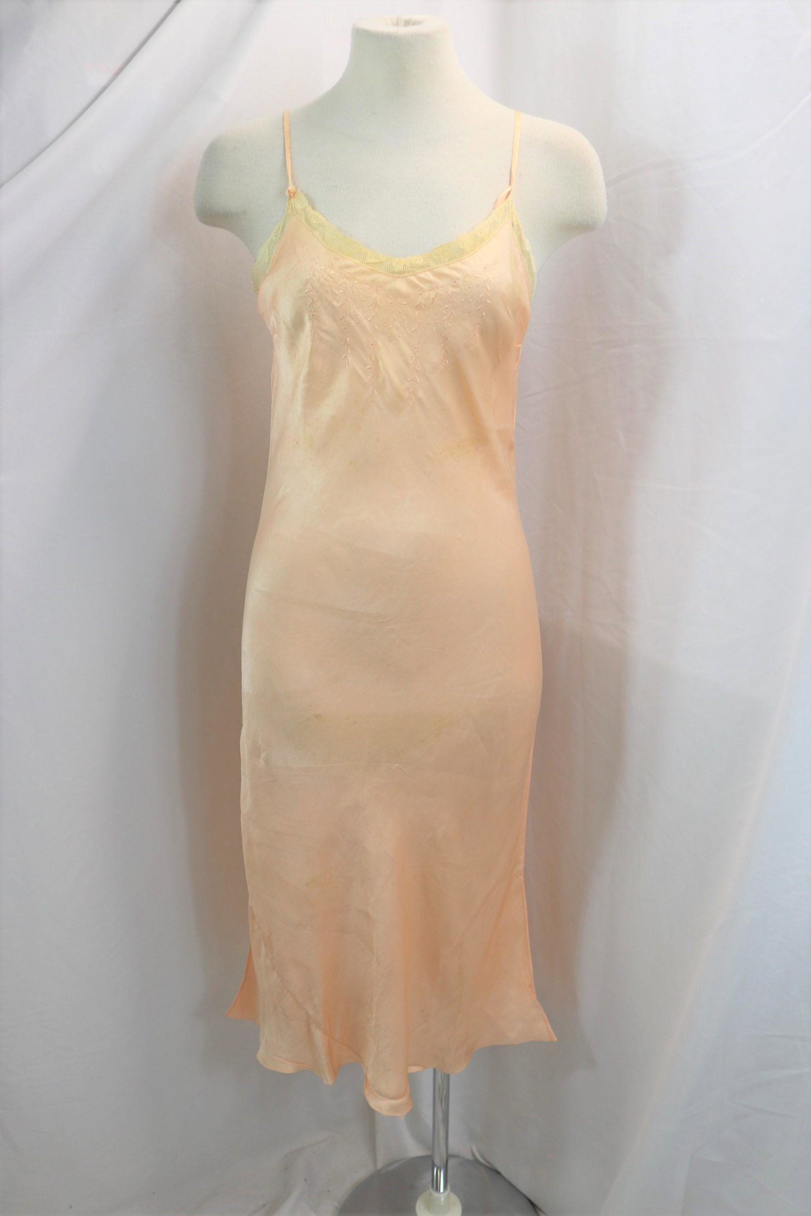 Vintage 1930's Silk & Lace Slip: approx. 36 bust, 32 waist, couple stains, see photo's