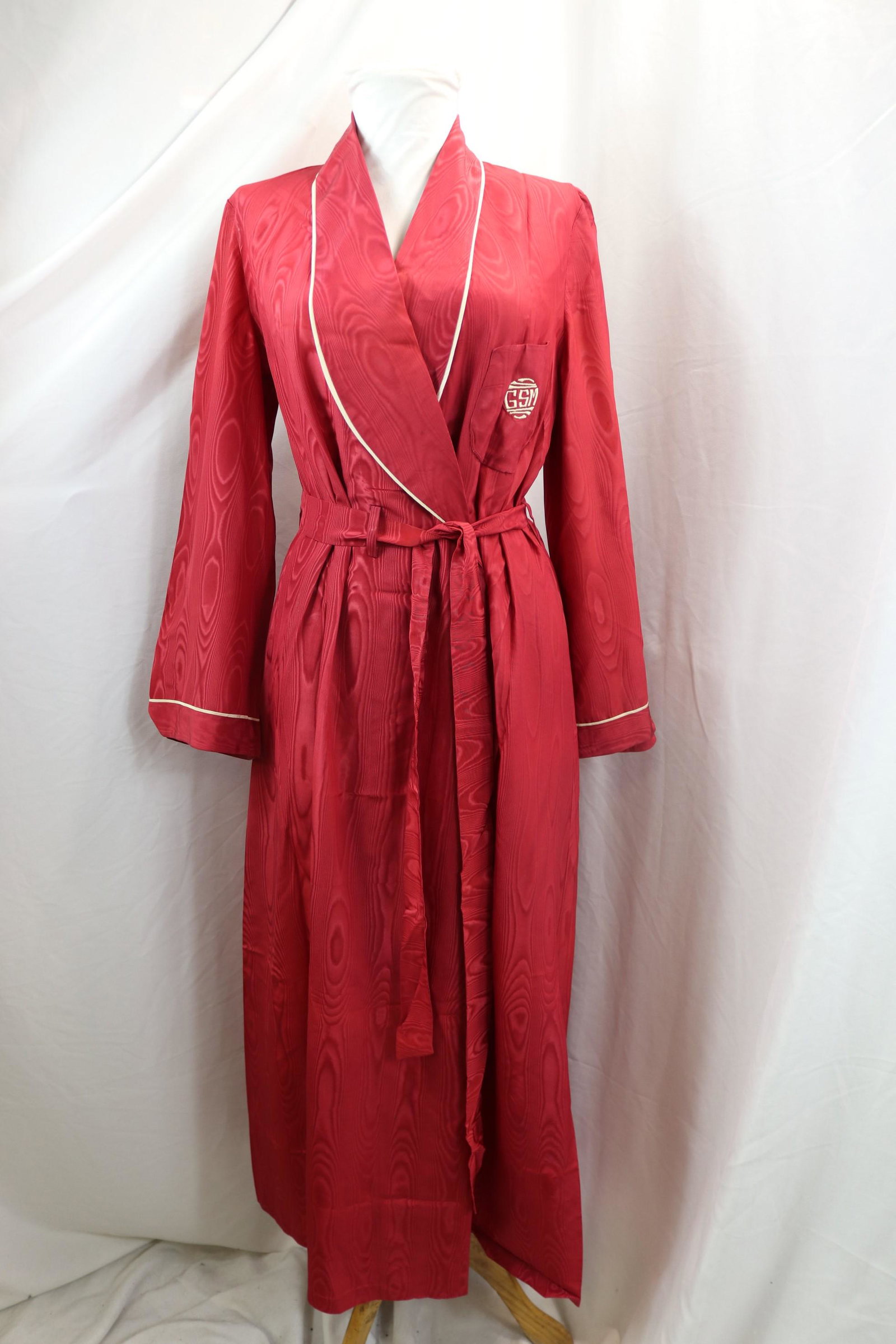 Vintage 1930's Red Faille Wrap Robe with Monogram: approx. 36 bust, 30 waist, some small damage at underarm and stains, see photo's