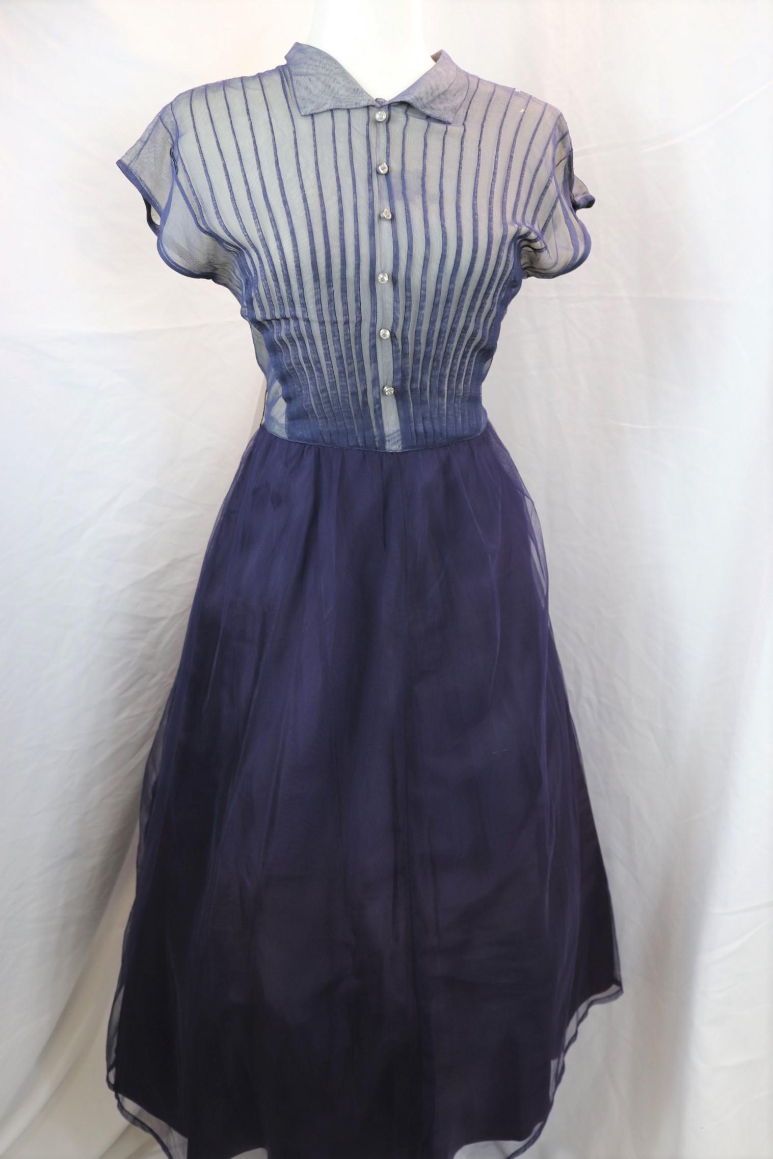 Vintage 1950's Navy Blue Sheer Pleated Dress (1 of 6)