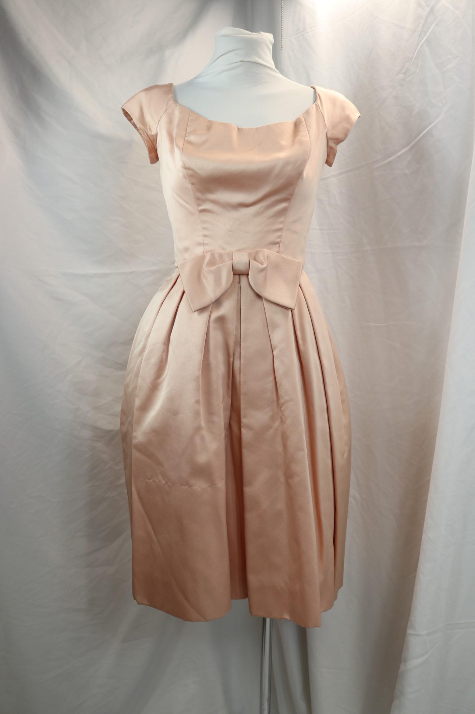 Vintage 1950's Jane Andre Box Pleated Party Dress: approx. 34 bust, 22 waist, needs seam repair, has underarm and other stains , see photo's