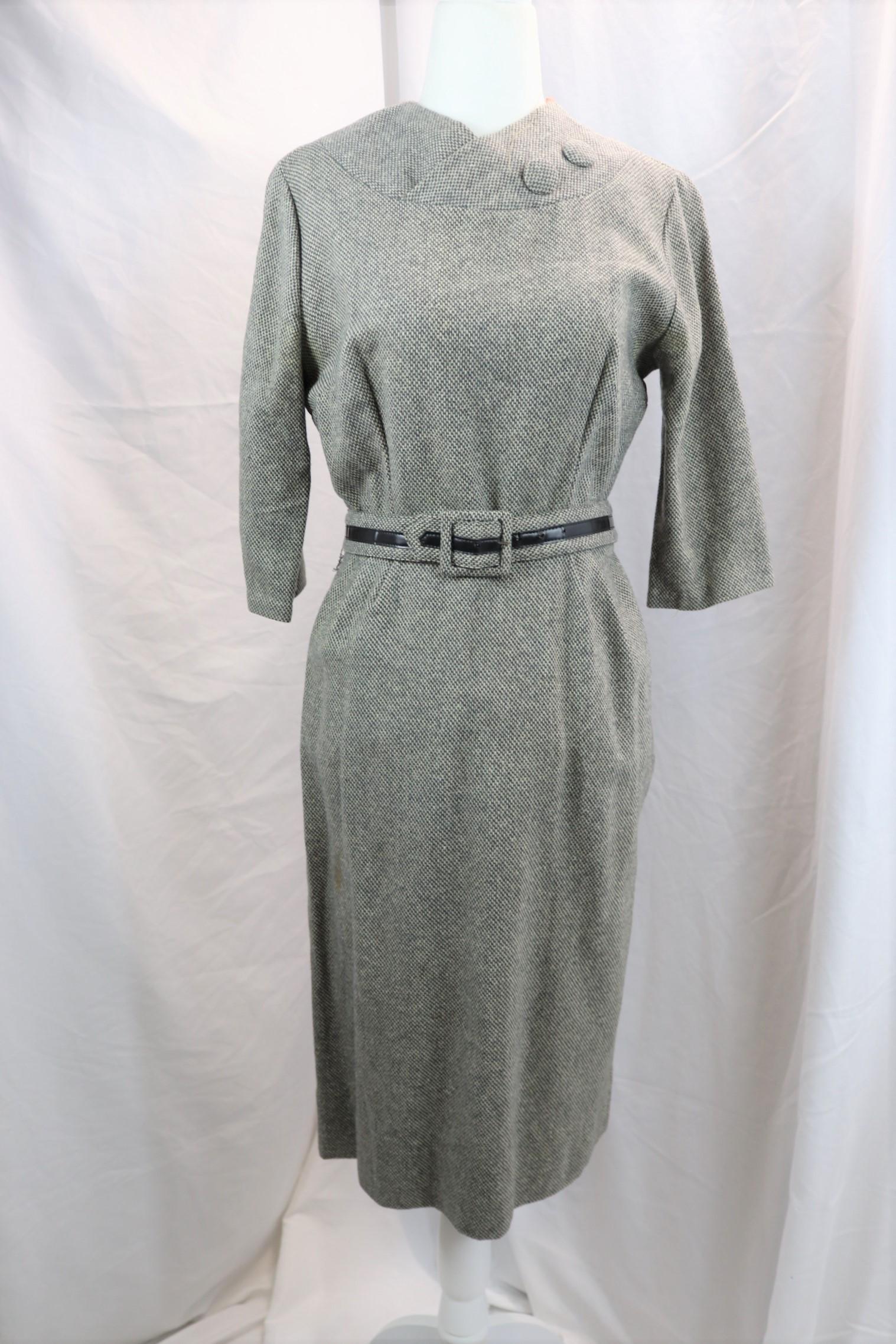 Vintage 1960's Wool Sheath Dress: approx. 36 bust, 26 waist, small holes and stains, see photo's