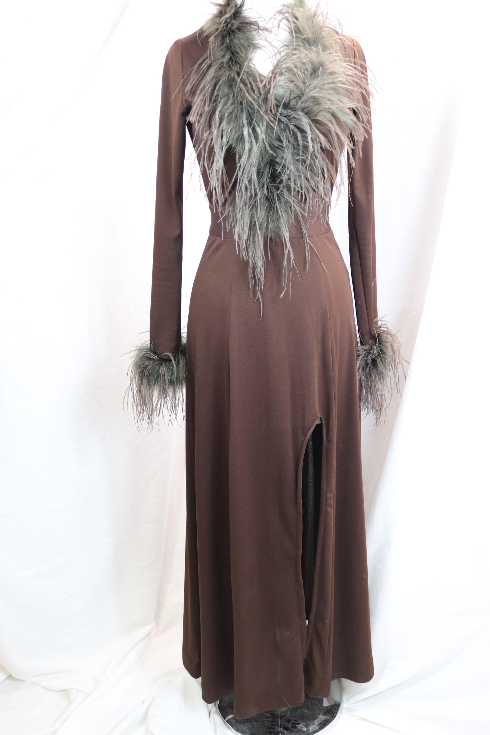 Vintage 1970's Brown Polly Knit Gown With Feathers (1 of 4)
