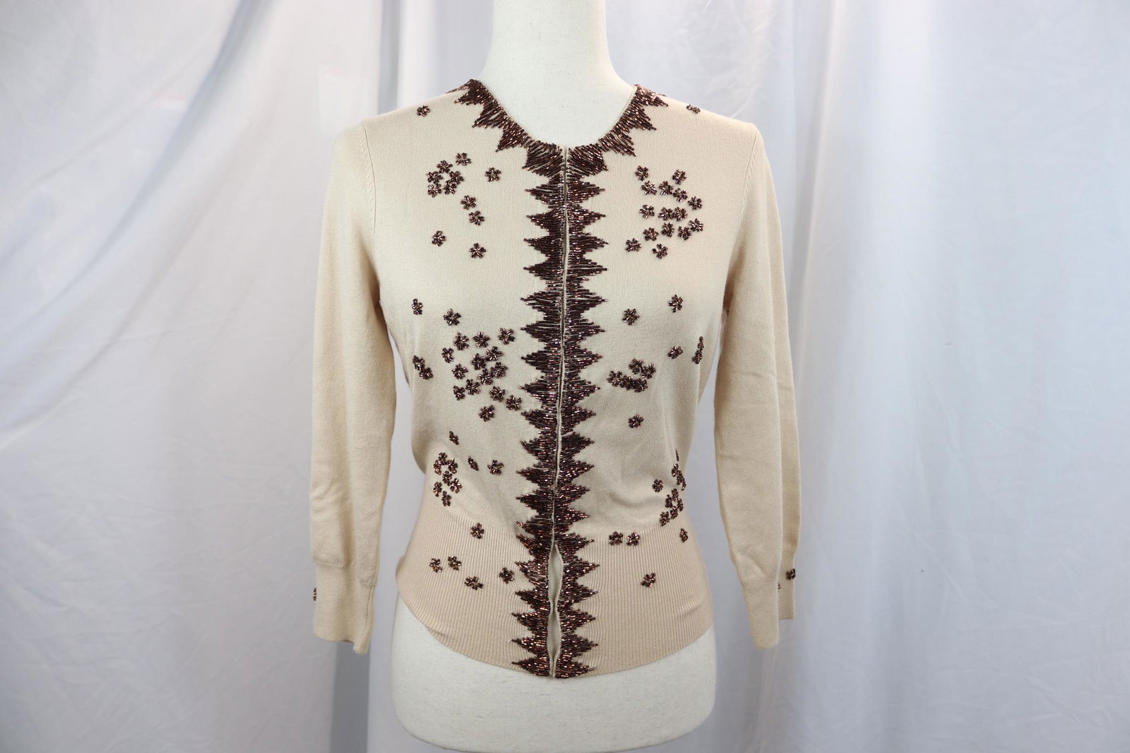 Vintage 1950's Brown and Copper Beaded Cardigan Sweater: approx. 37 bust, 33 waist, fabric pull on sleeve, otherwise good condition, see photo's