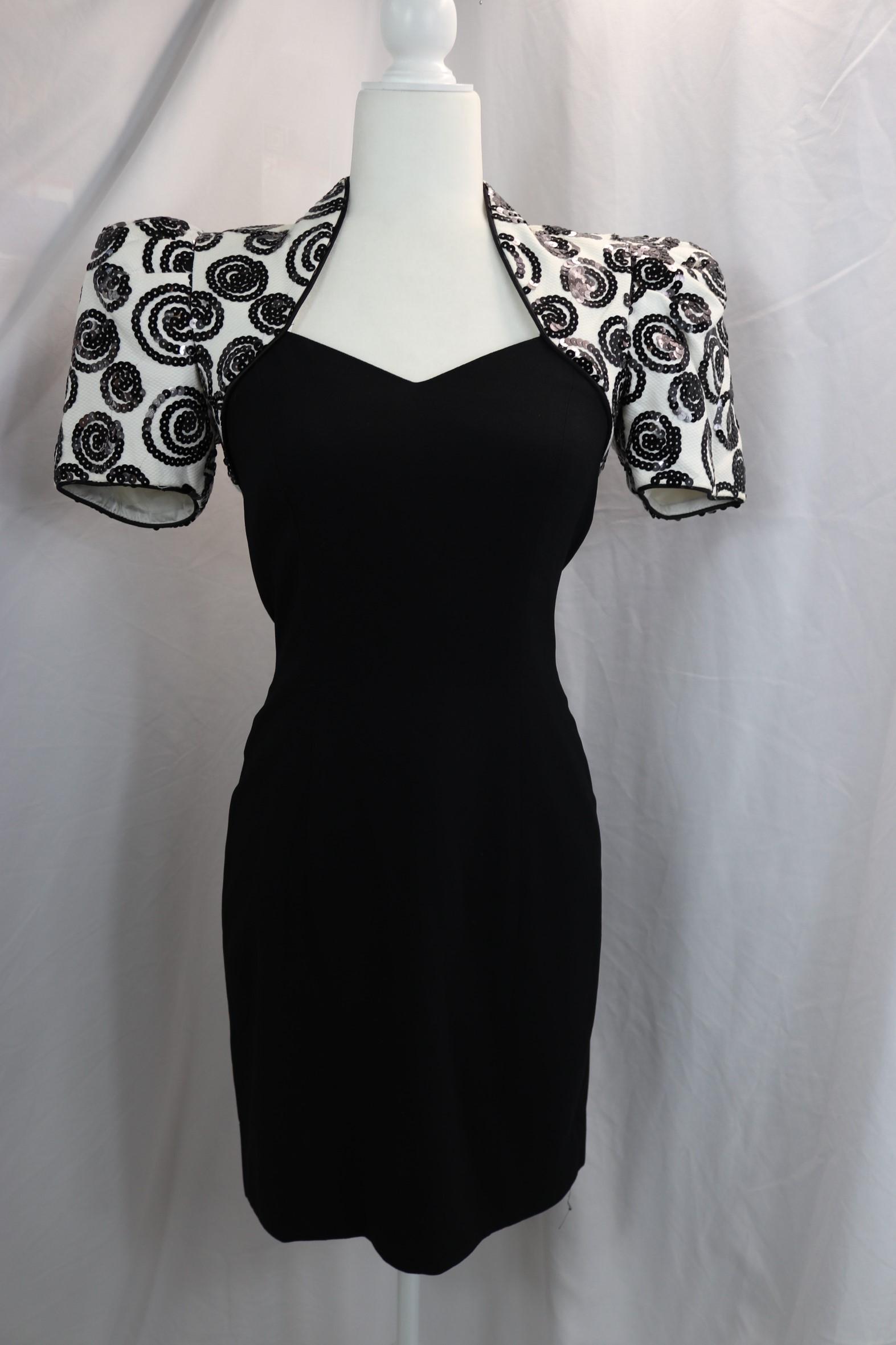 Vintage 1980's Morton Myles Black and White Puff Sleeve Sequin Dress: approx. 33 bust, 28 waist, good condition, see photo's