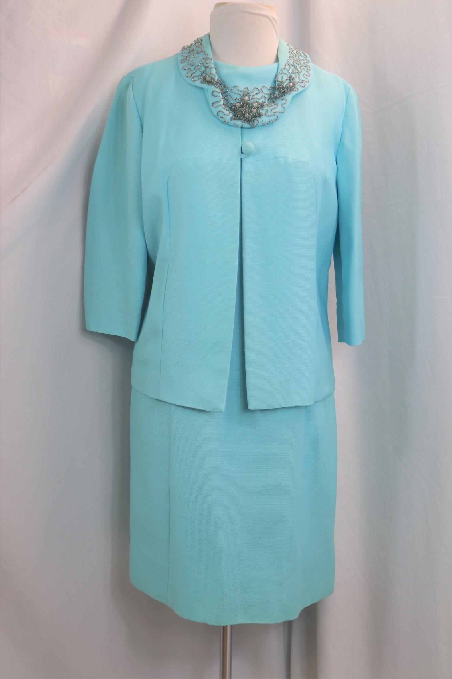 Vintage 1960's Aqua Blue Beaded Shift with Jacket (1 of 4)