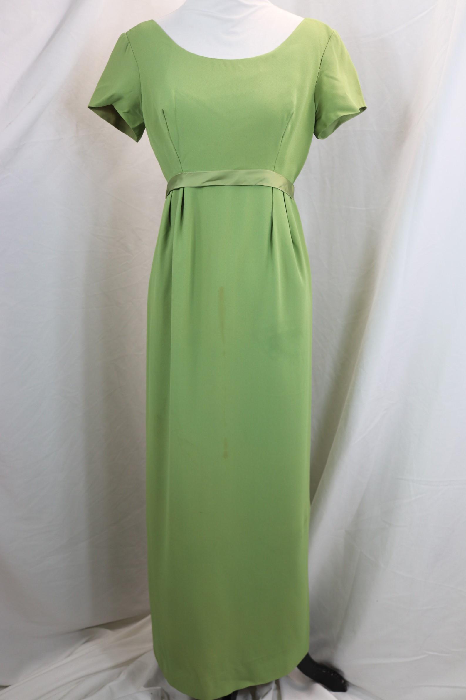 Vintage 1960's Green Silk Blend Gown: approx. 34 bust, 26 waist, does have stains, see photo's