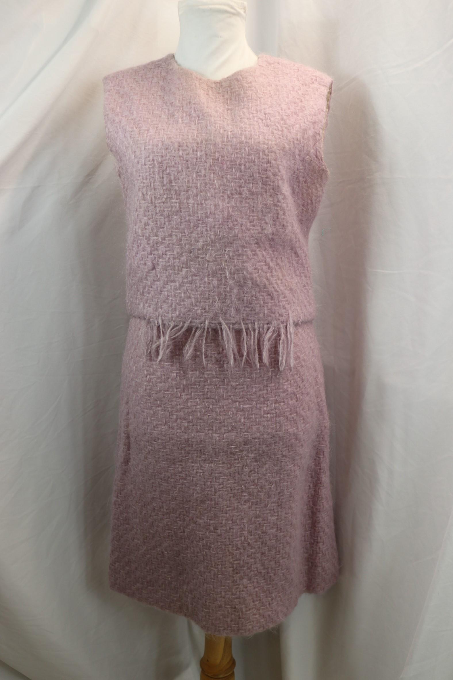 Vintage 1960's Purple Mohair Skirt and Top: approx. 38 bust, 28 waist, fringe is only in the front, inside lining is soiled, otherwise good condition, see photo's