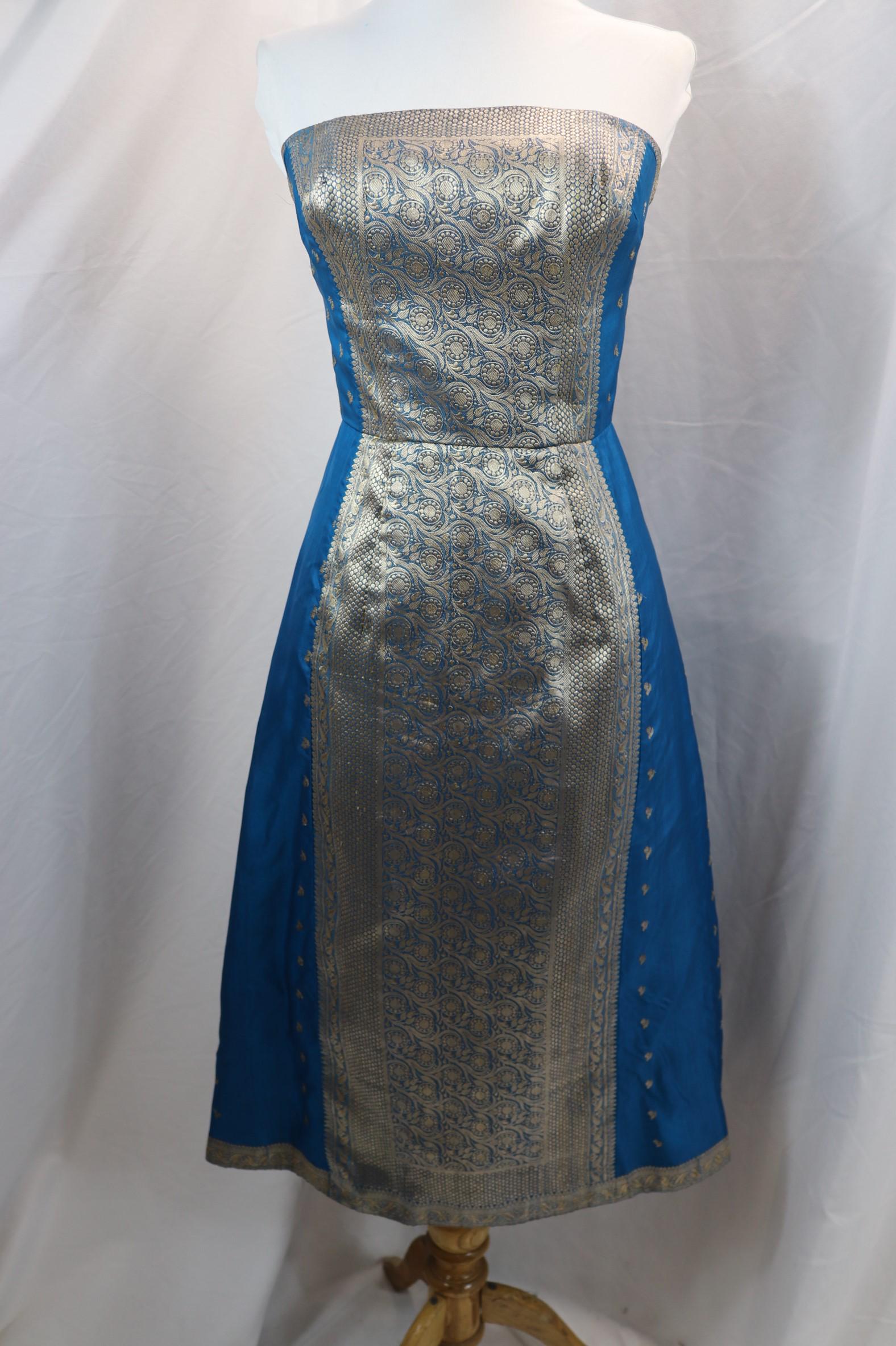 Vintage 1960's Silk and Metallic Strapless Dress: approx. 32 bust, 24 waist, broken zipper, adjustable corset back , see photo's