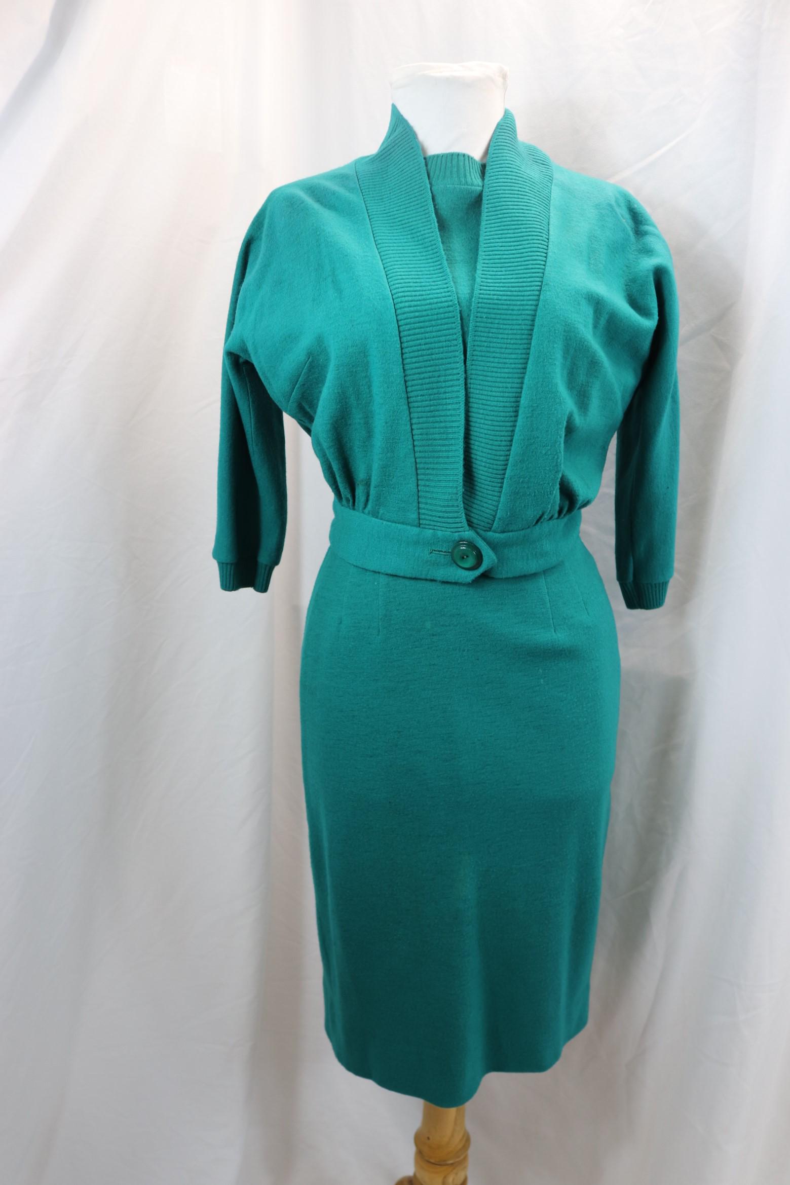 Vintage 2 Piece Wool Sheath Dress and Jacket: approx. 38 bust, 26 waist, some stains including underarm, some fabric pilling, couple small holes, see photo's