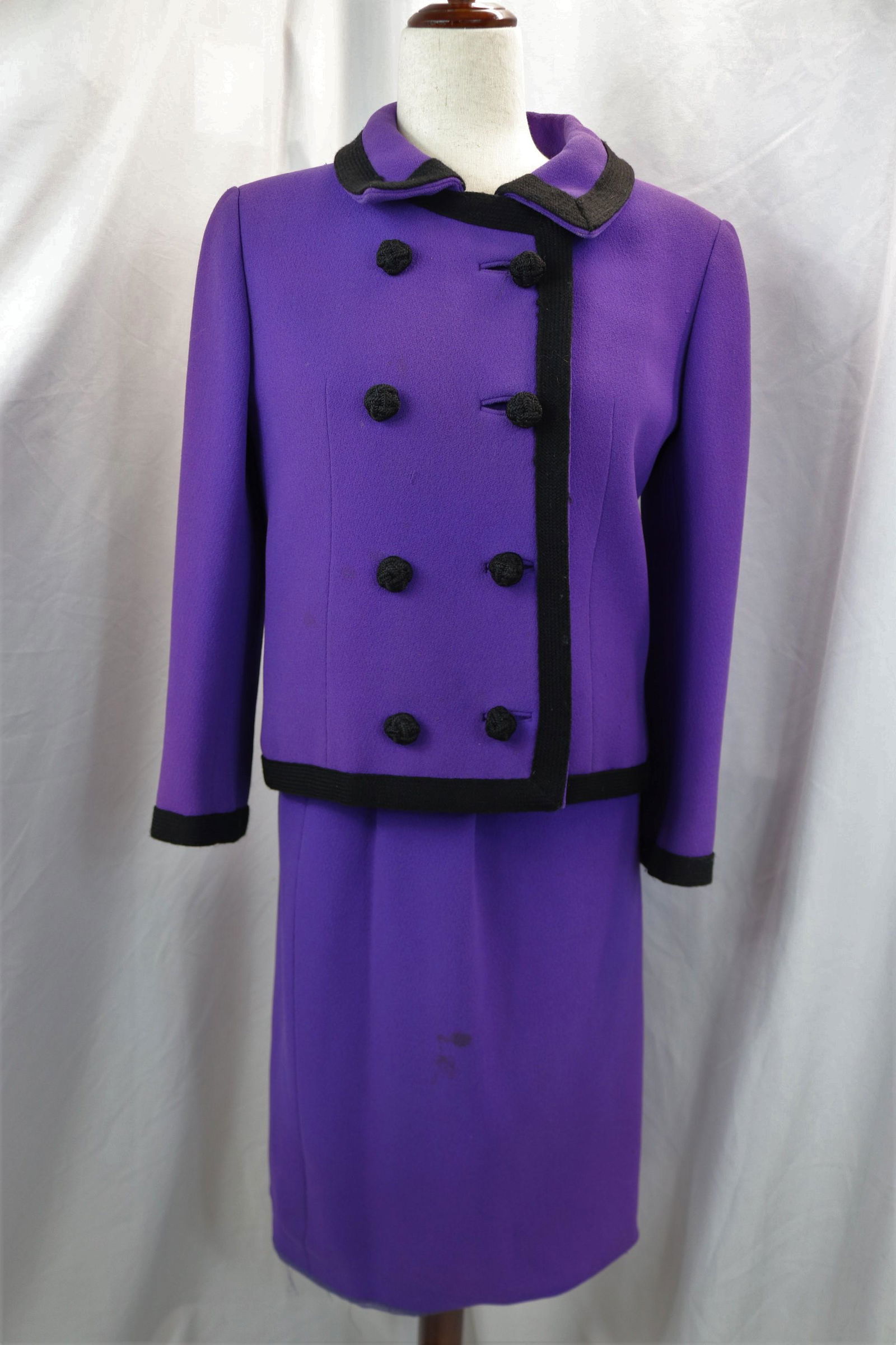 Vintage 1960's Ben Zuckerman, Ross Modes two piece purple wool skirt set: approx. 40 bust 24 waist has some fading needs hemming has some stains see photos