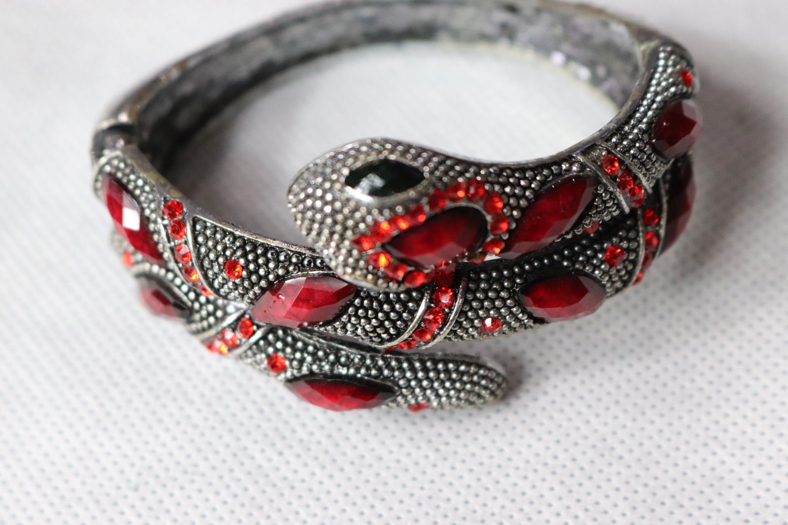 Vintage Red Stone & Marcasite Snake Clamper Bracelet (1 of 4)