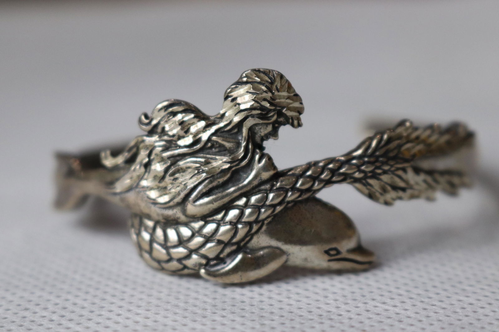 Vintage Sterling Silver Mermaid & Dolphin Cuff Bracelet (1 of 3)