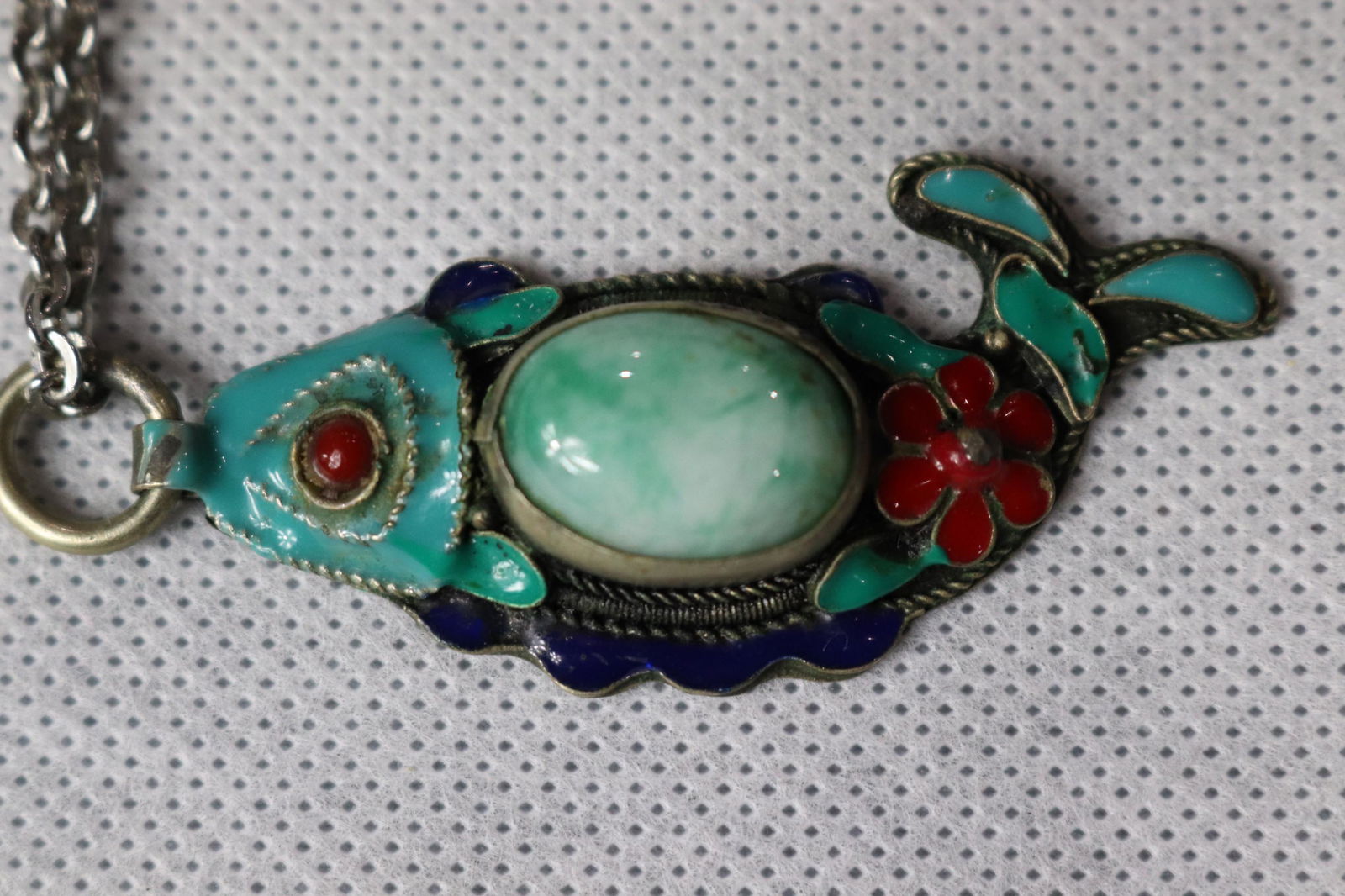 Vintage Asian Enamel & Jade Fish Pendant, Signed (1 of 3)