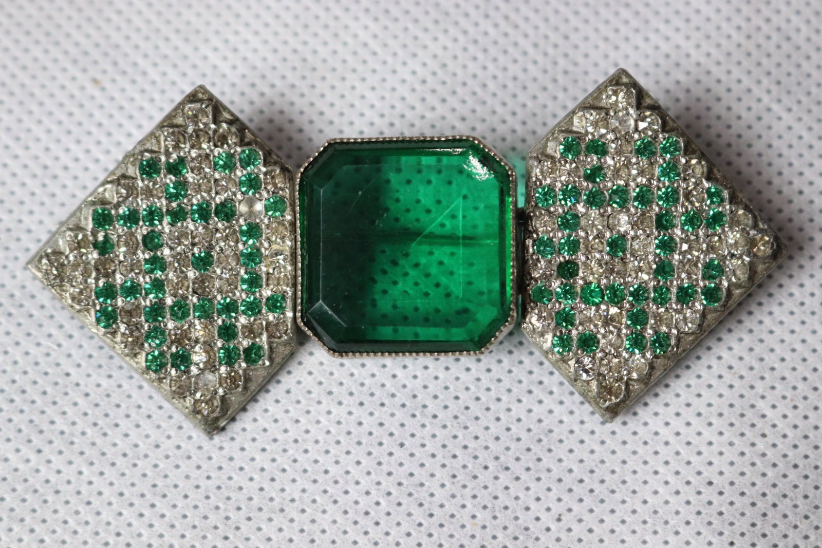 Vintage 1920's Green Stone & Rhinestone Bow Brooch: reticulated, approx. 3 1/8 inches
