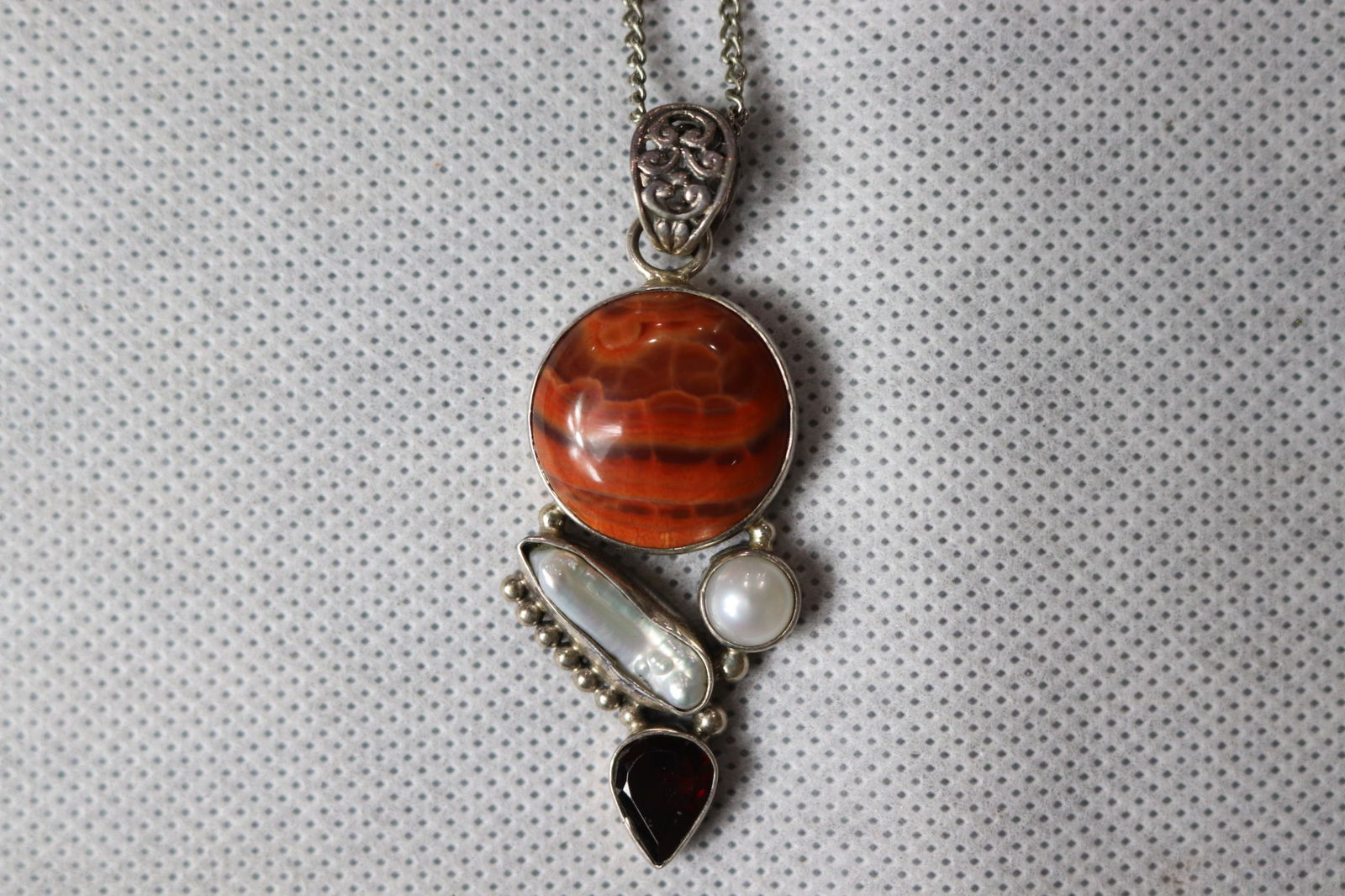 Vintage Sterling, Jasper, Pearl & Garnet Pendant & Chain (1 of 3)