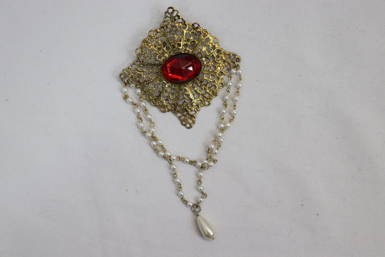 Vintage Gold Tone Fret Work Brooch with Large Red Stone & Fringe Beads (1 of 3)