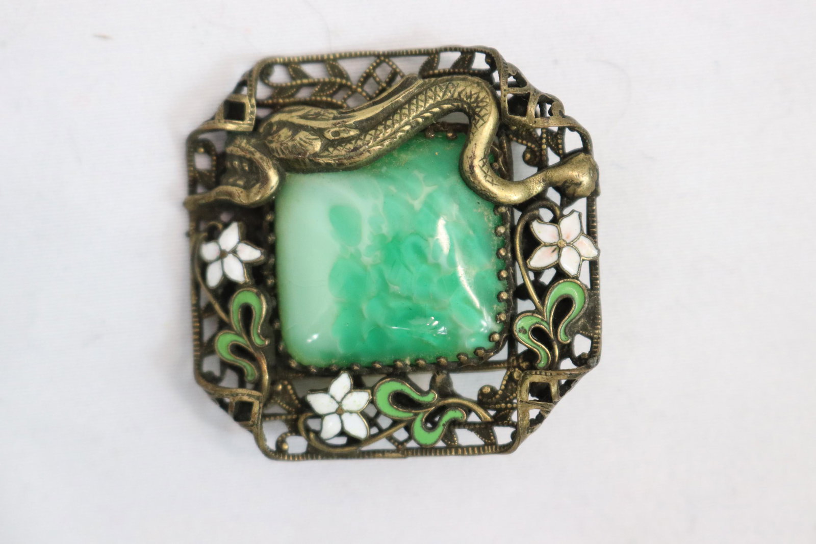 Vintage Jade & Enamel Brooch with Snake: approx. 1 1/2 inches