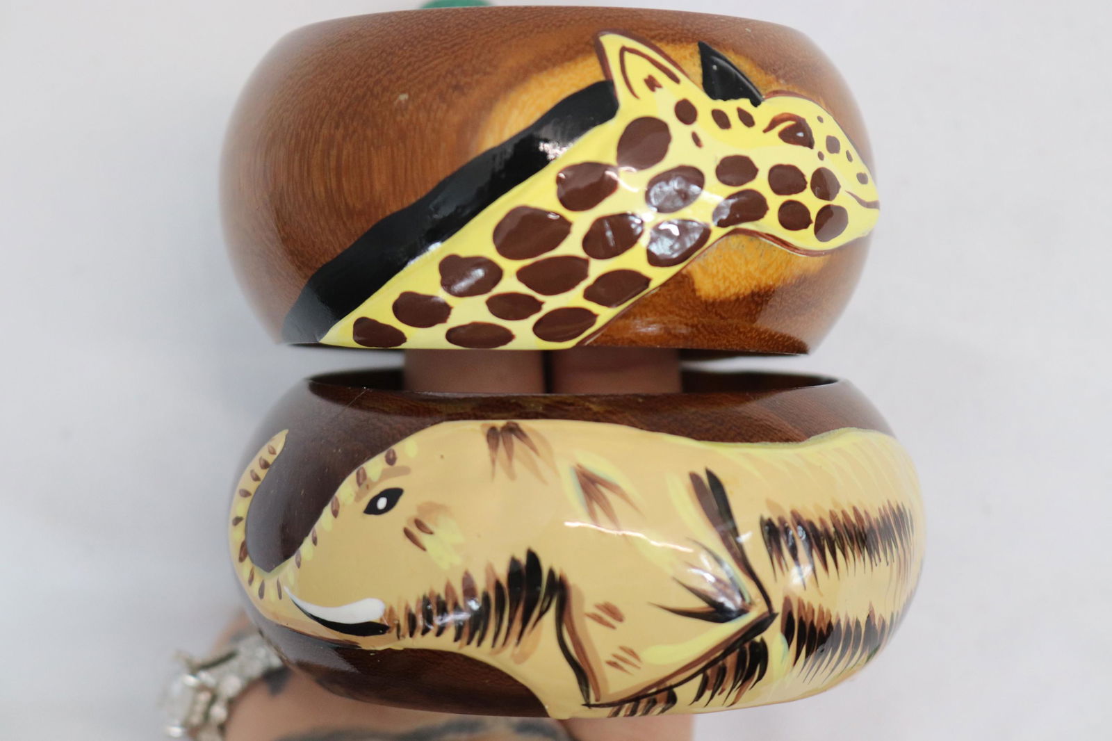 Vintage Wood Carved Elephant & Giraffe Bangle Bracelets (1 of 5)