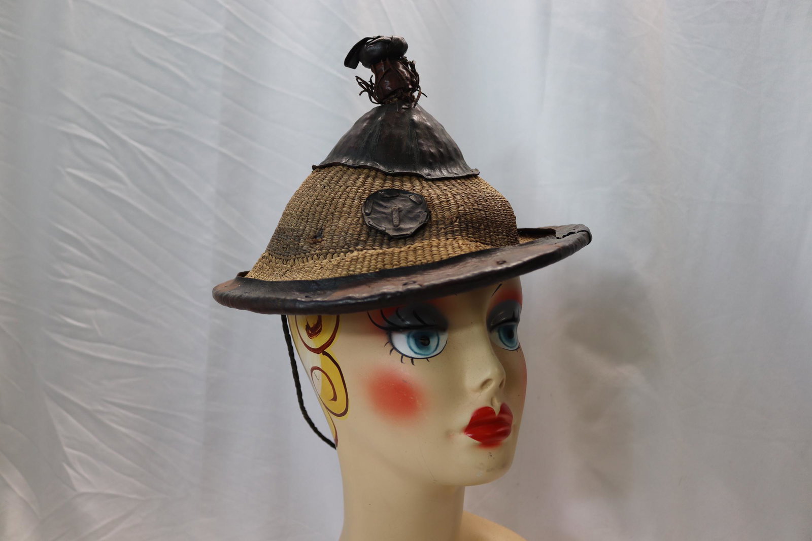 Antique African Coolie Wicker & Leather Hat: inside measures 7 1/2 inches across, see photo's for condition