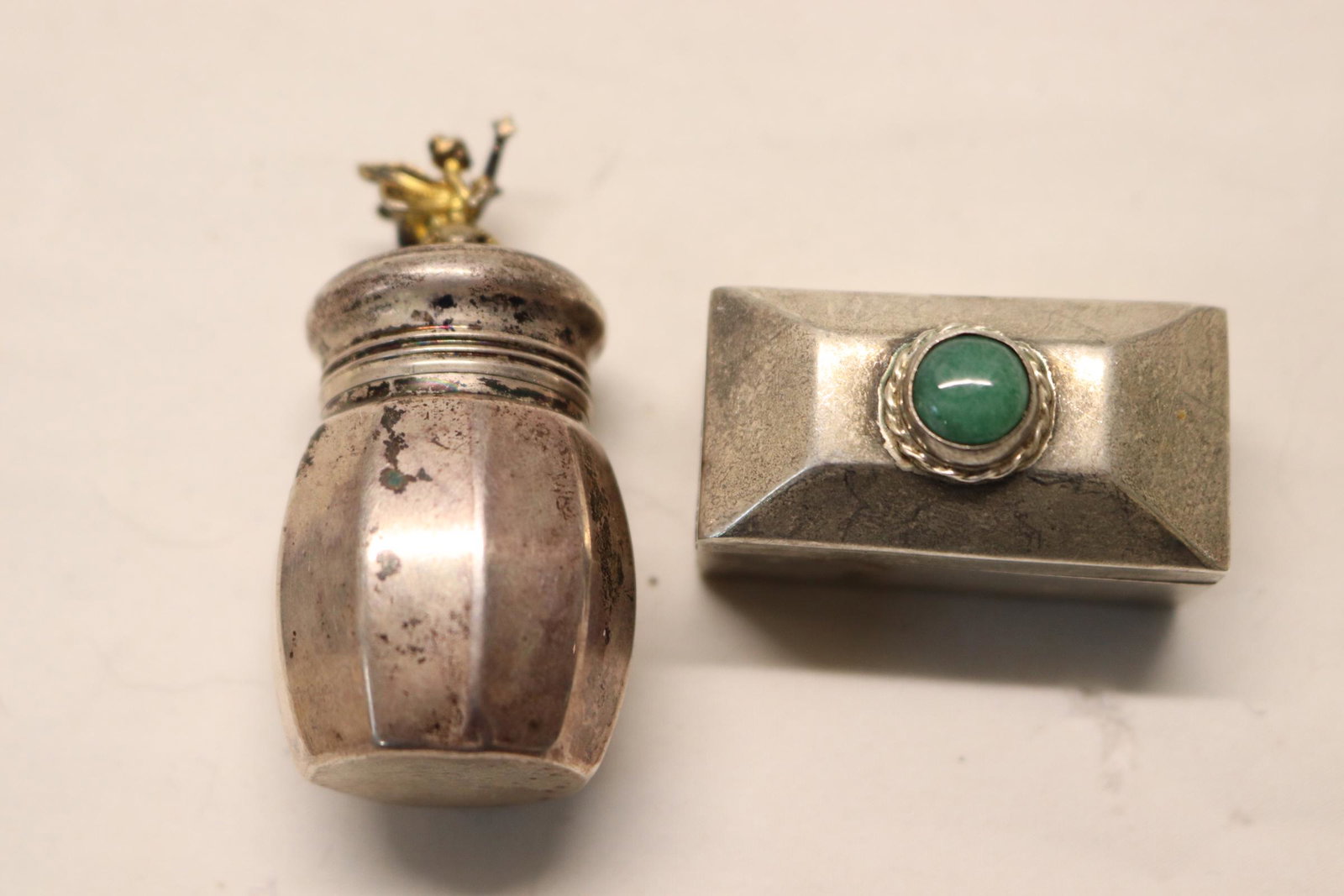 Lot of 2 Sterling Silver Boxes, Tooth Fairy & Pill Box: bill box with green stone, tooth fairy box with fairy on top