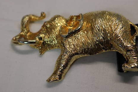 Vintage Ladies Alexis Kirk Black Leather Belt with Elephant Buckle: approx. 35 inches, adjustable