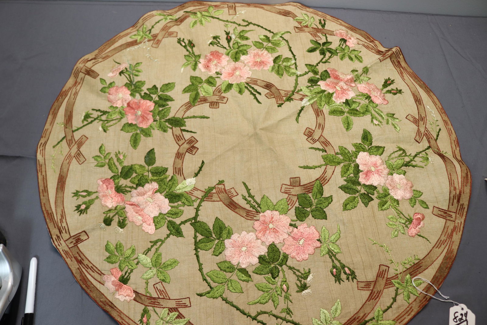 Vintage Arts & Crafts Era Silk Embroidered Round Table Topper: Hand Embroidered, approx. 31 inches, old stock never used