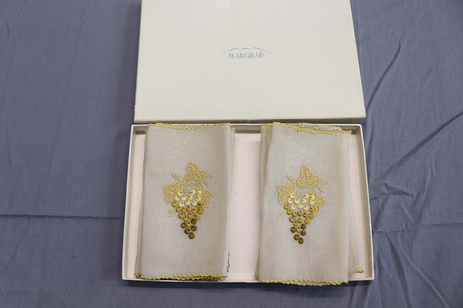 Vintage Marghab Old Store Stock Silk Embroidered Cocktail Napkins with Grapes: set of 12, see photo's