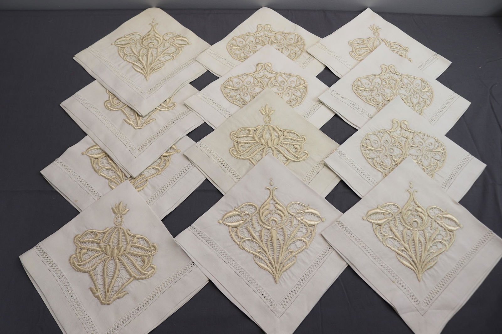 Vintage Lot of 12 Silk Embroidered Napkins: approx. 16 square, see photo's