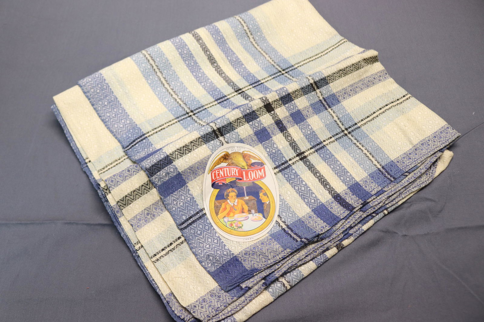 Vintage Old Store Stock Century Loom Blue Plaid Tablecloth: 50x50, cotton/Rayon
