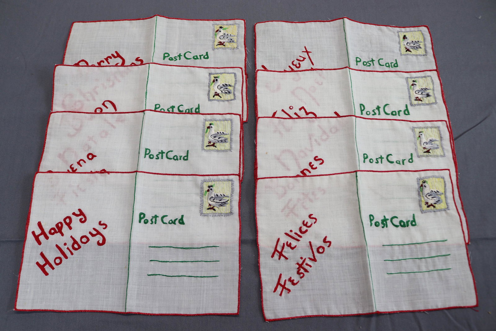 Lot of 8 Vintage Christmas Postcard Embroidered Cocktail Napkins (1 of 3)