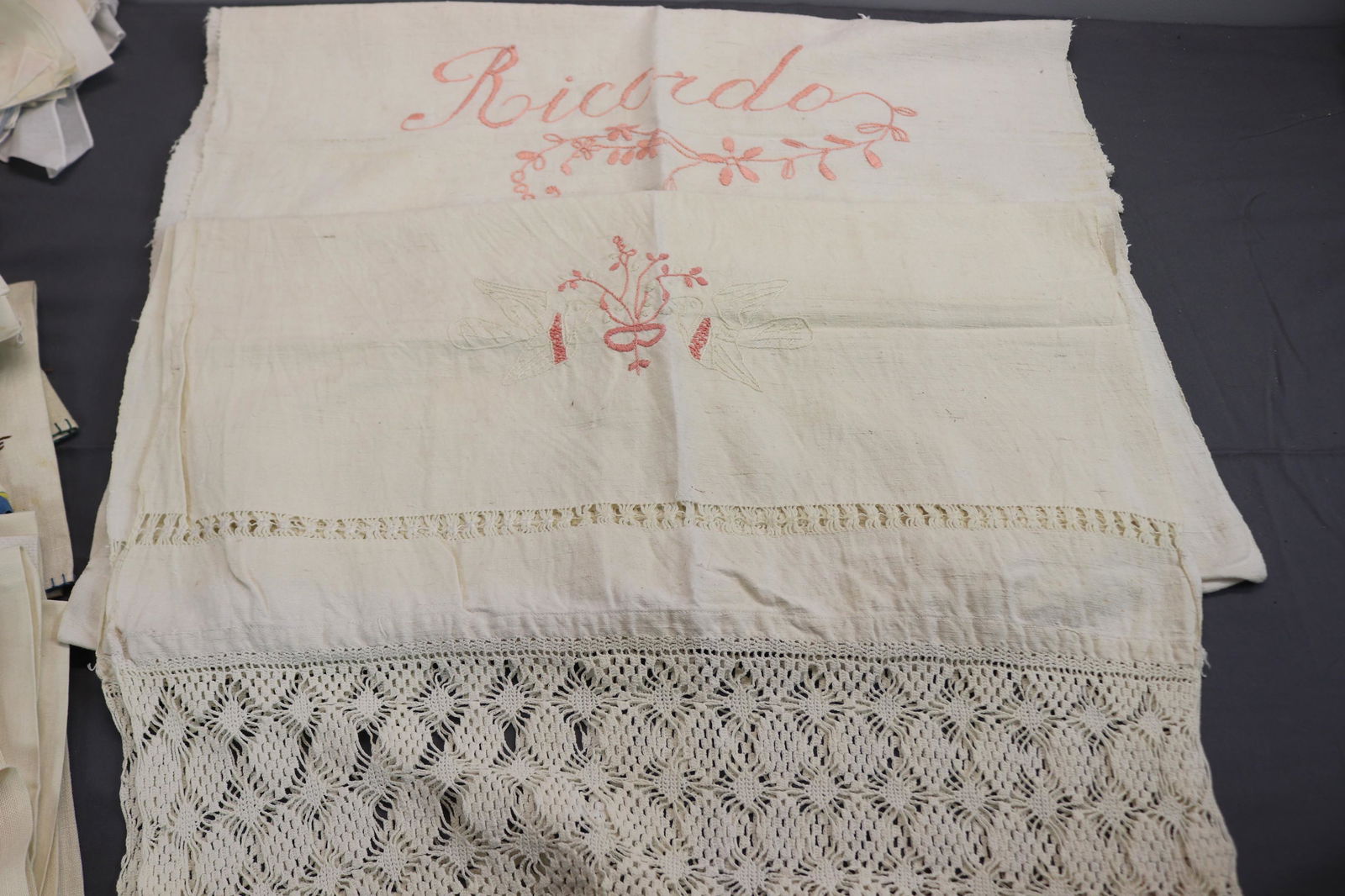 Pair of Antique Hand Embroidered Bath Towels with Crochet Trimmed (1 of 11)